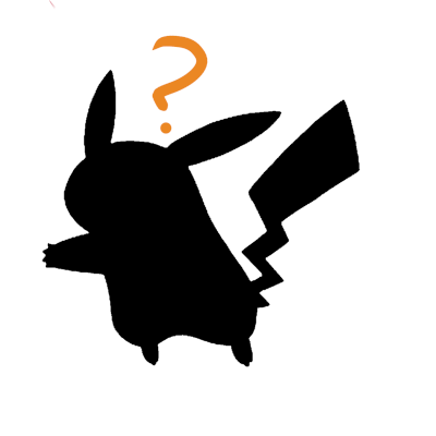 a white shape with the black silhouette of a pikachu in the center. There’s an orange question mark above the pikachu